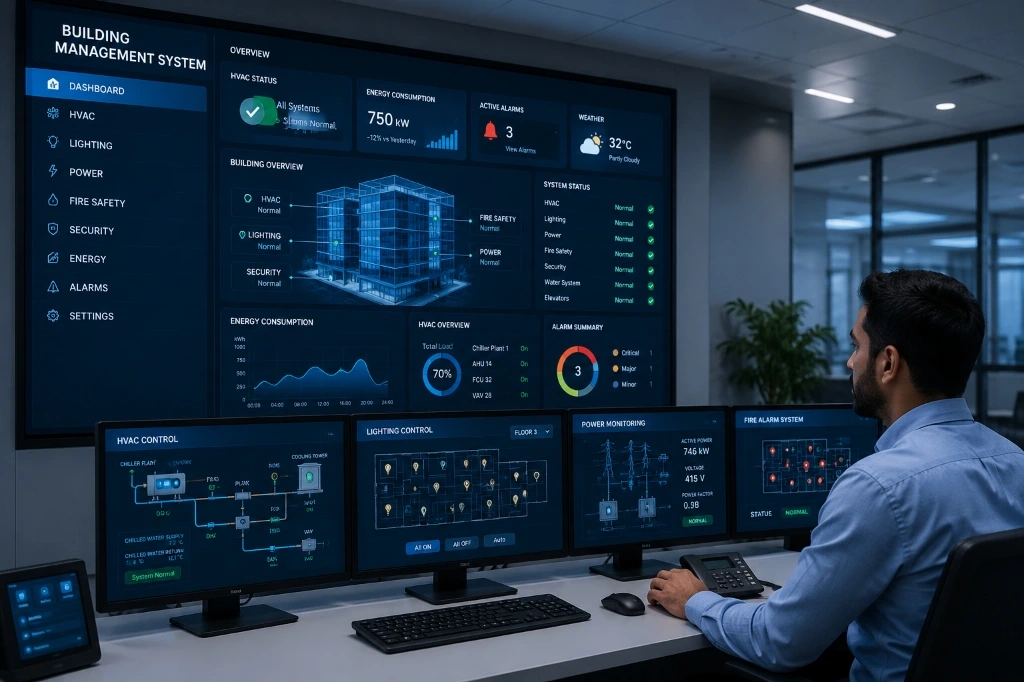 Central Building Management System (BMS) operator workstation with multi-monitor control dashboard