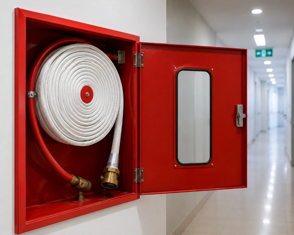 Wall Mounted Fire Hose Cabinet and Coiled Hose Reel